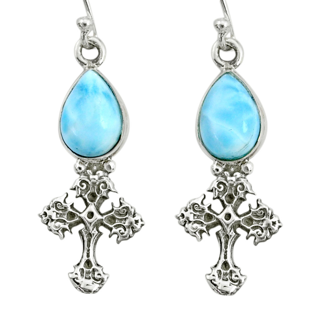 5.79cts natural blue larimar 925 sterling silver holy cross earrings r72429