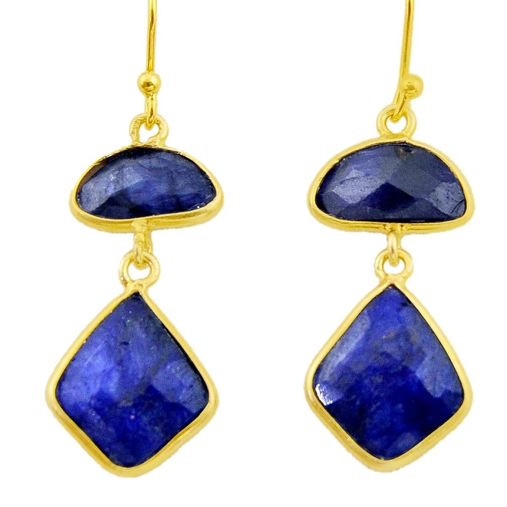 14.59cts natural blue sapphire 925 silver 14k gold dangle earrings r32599