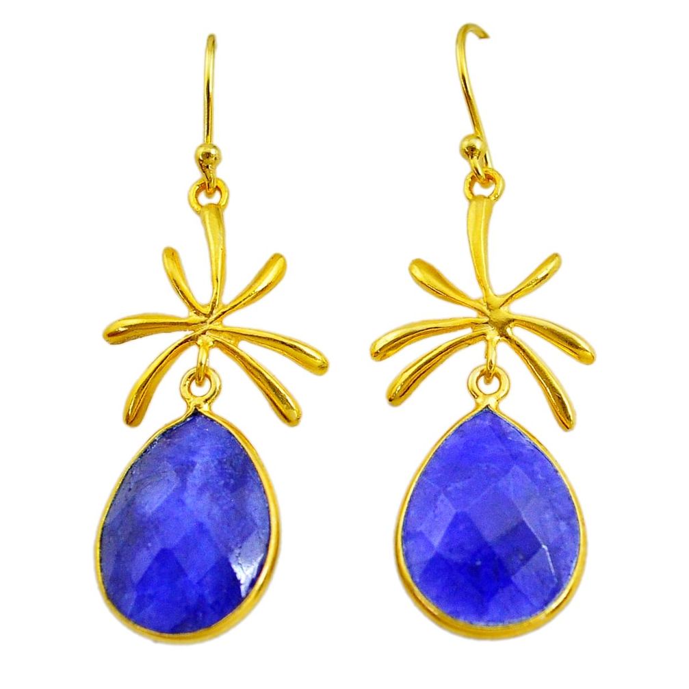 17.75cts natural blue sapphire 14k gold handmade dangle earrings t11475