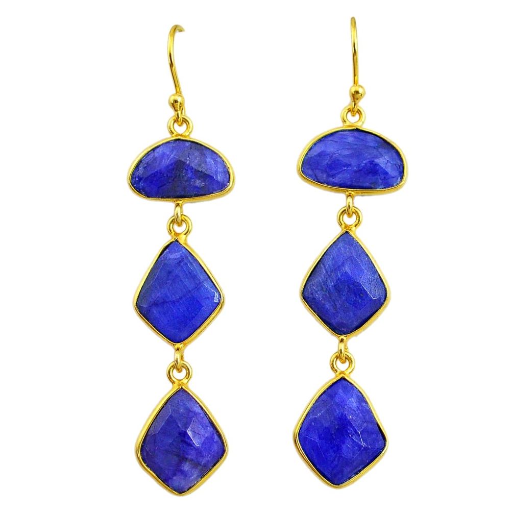 18.39cts natural blue sapphire 14k gold handmade dangle earrings t11550