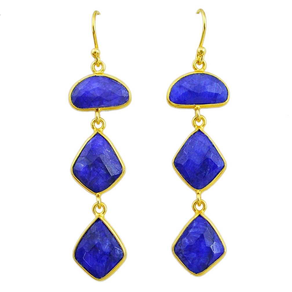 18.57cts natural blue sapphire 14k gold handmade dangle earrings t11551