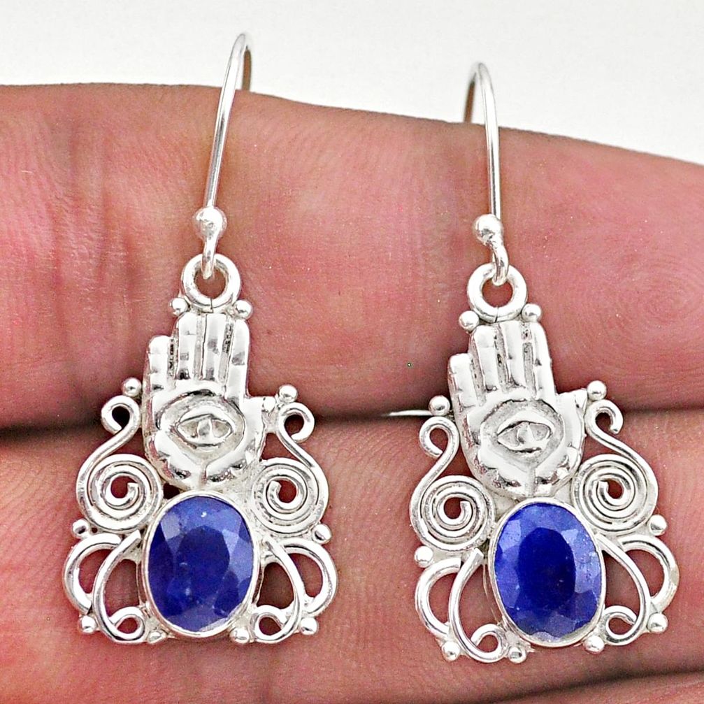 4.23cts natural blue sapphire 925 silver hand of god hamsa earrings t46987