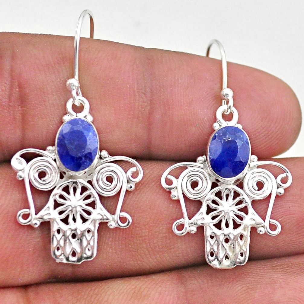 4.22cts natural blue sapphire 925 silver hand of god hamsa earrings t46999