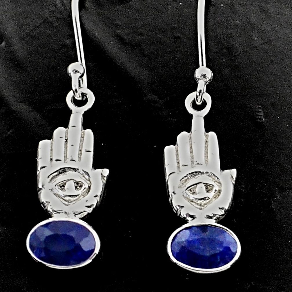 3.30cts natural blue sapphire 925 silver hand of god hamsa earrings t62796