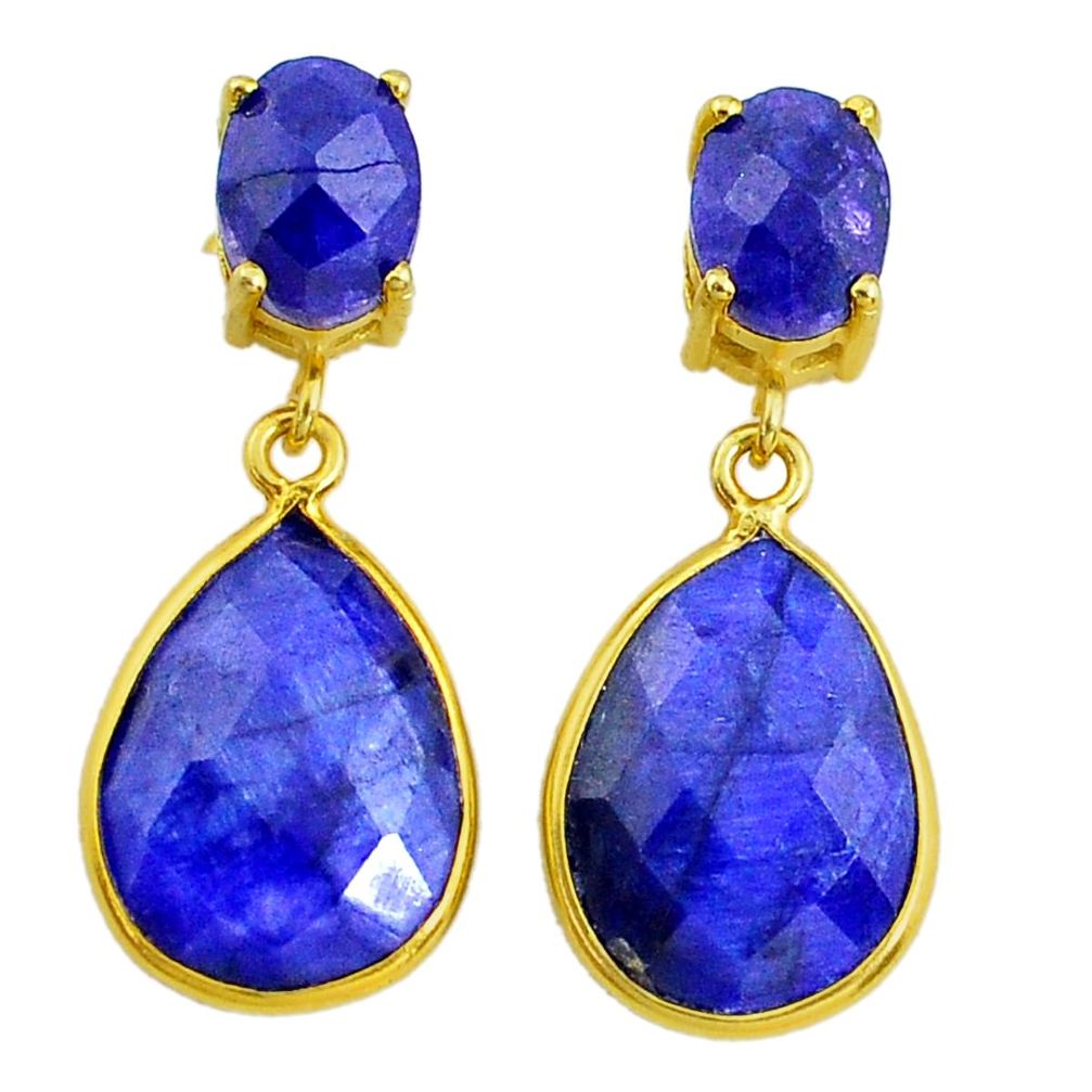 12.99cts natural blue sapphire handmade 14k gold dangle earrings t16376