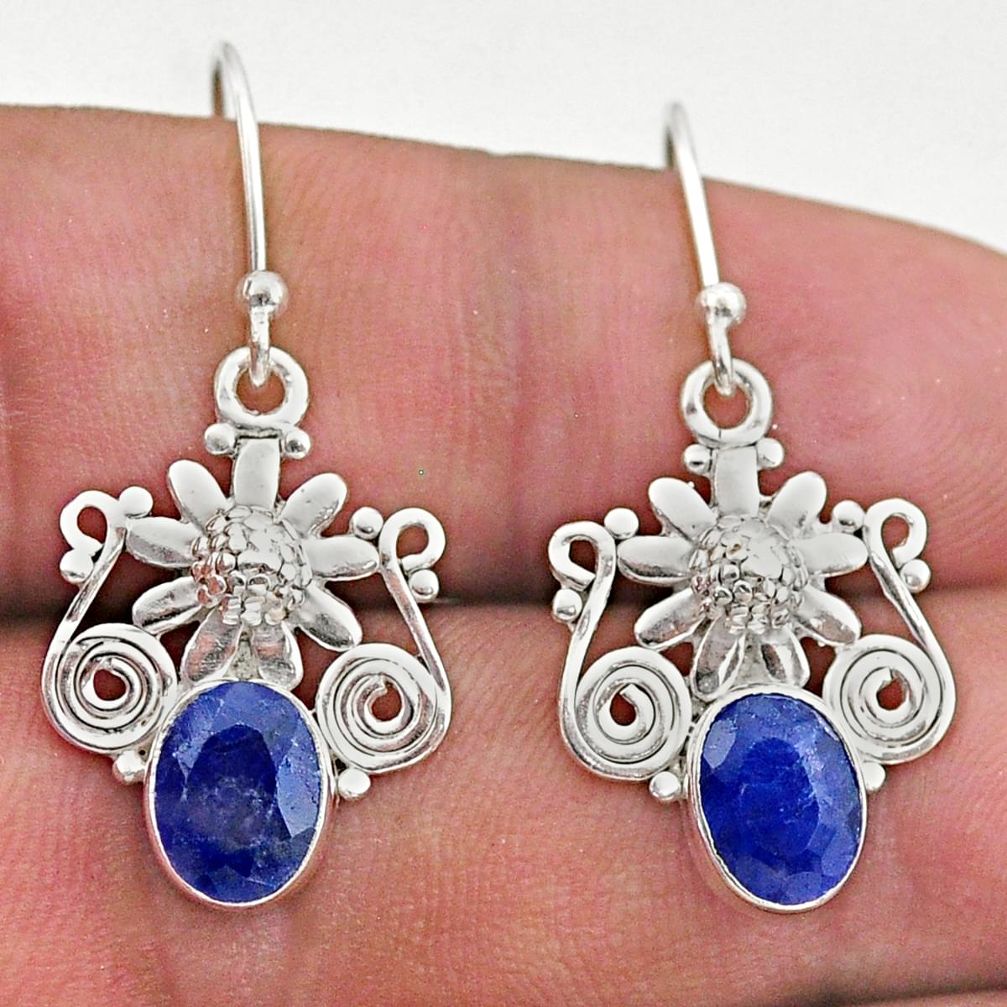 4.26cts natural blue sapphire 925 sterling silver flower earrings jewelry t46981
