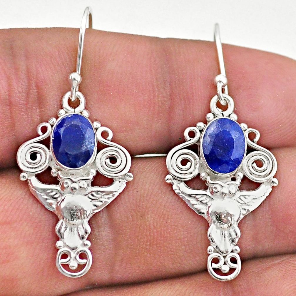 3.91cts natural blue sapphire 925 sterling silver owl earrings jewelry t46993