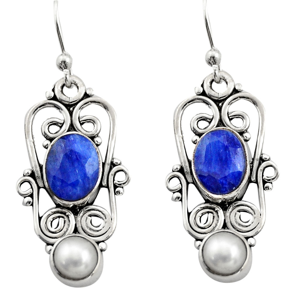 5.08cts natural blue sapphire pearl 925 sterling silver dangle earrings r21690
