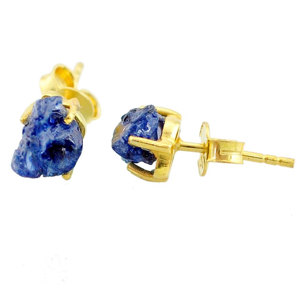 4.86cts natural blue sapphire raw 14k gold handmade stud earrings t7462