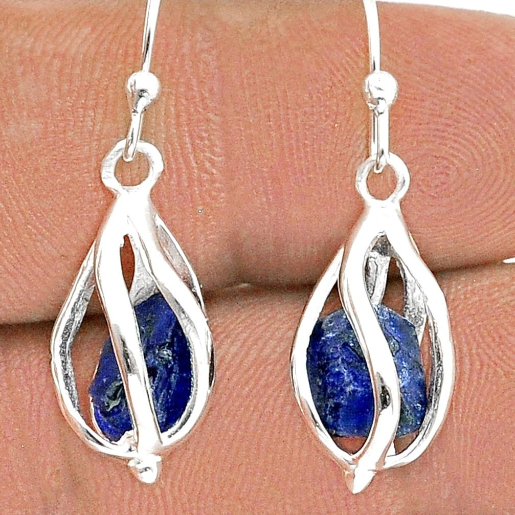 7.64cts natural blue sapphire rough 925 sterling silver dangle cage earrings u55915