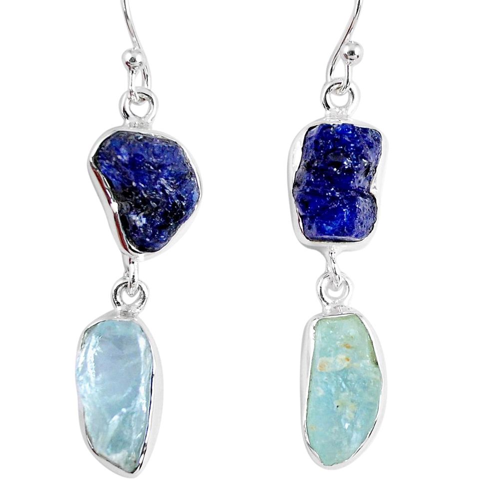 17.20cts natural blue sapphire rough aquamarine rough 925 silver earrings r55446