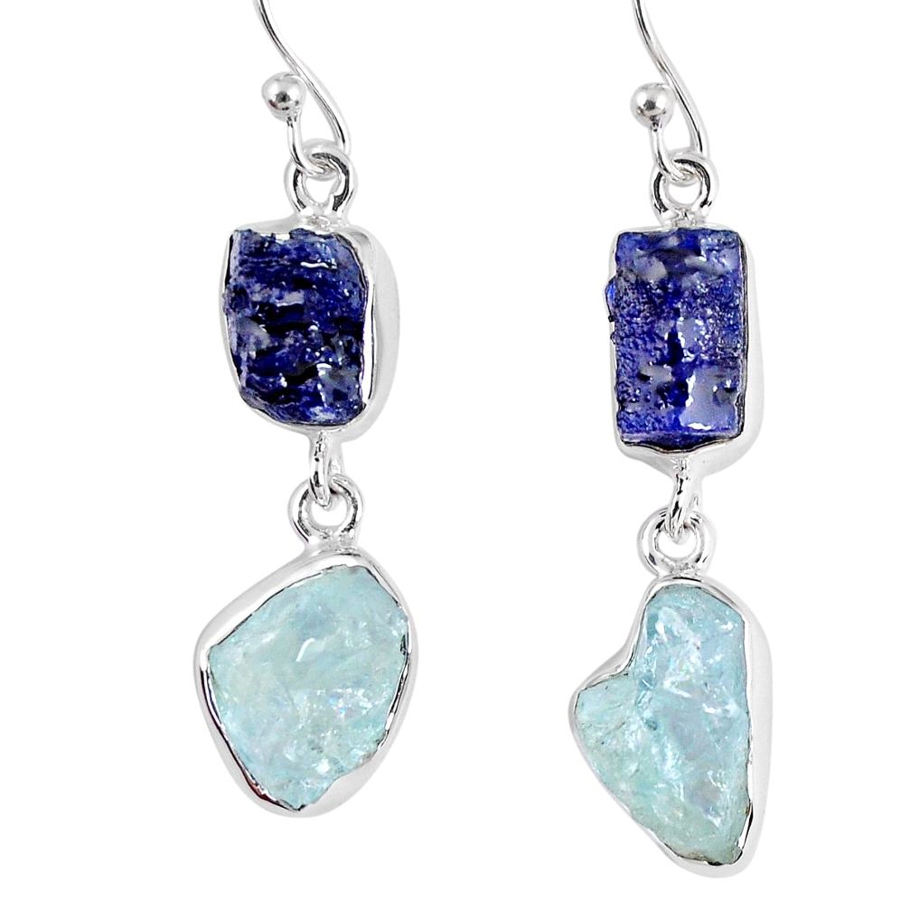 17.69cts natural blue sapphire rough aquamarine rough 925 silver earrings r55447