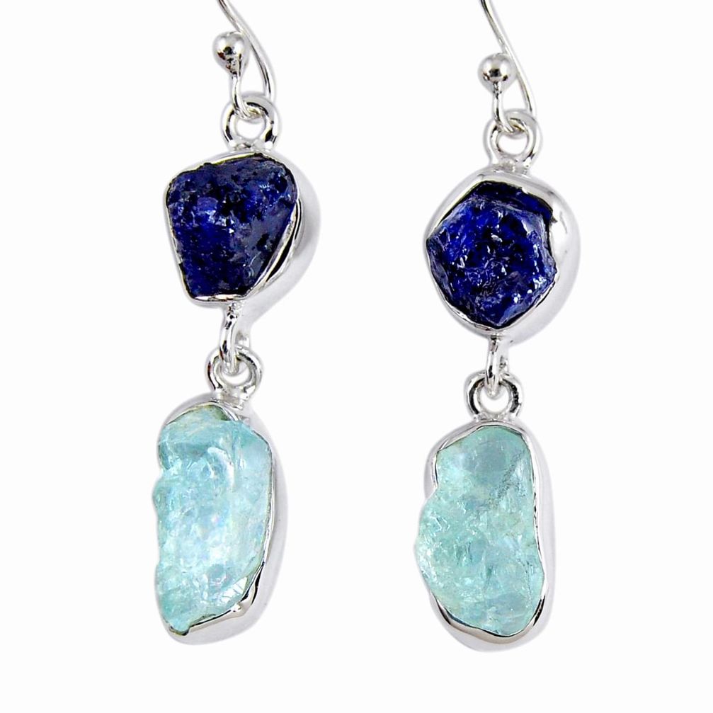 14.40cts natural blue sapphire rough aquamarine rough silver earrings r55463