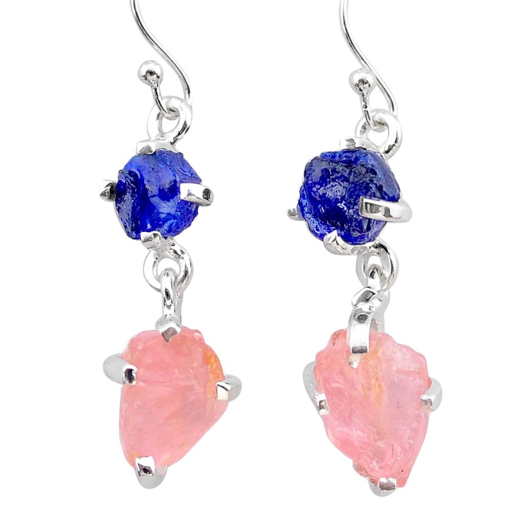 10.70cts natural blue sapphire rough rose quartz raw silver earrings t25605