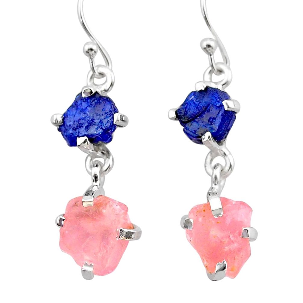 10.11cts natural blue sapphire rough rose quartz raw silver earrings t25617