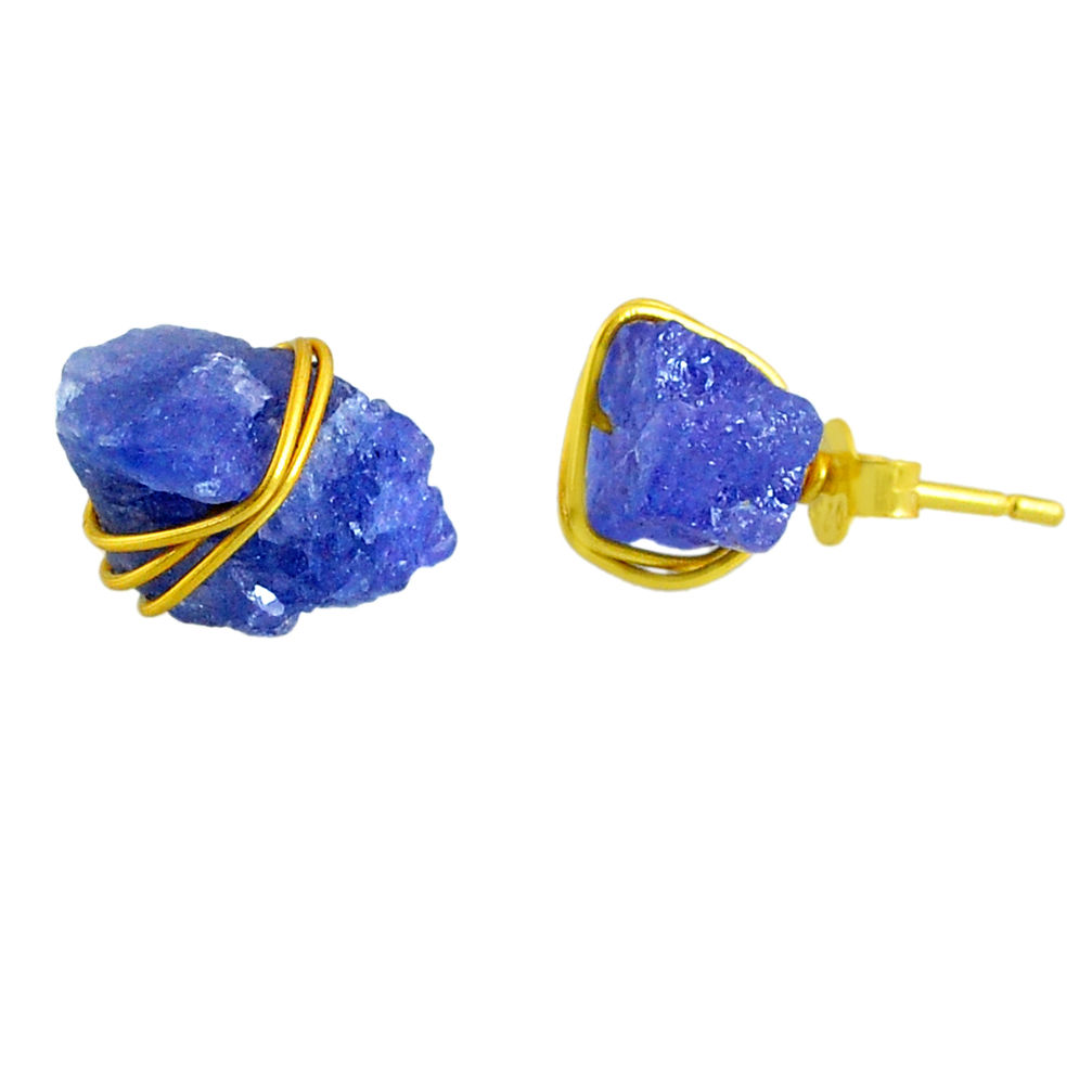 9.45cts natural blue tanzanite raw 14k gold handmade stud earrings r79753