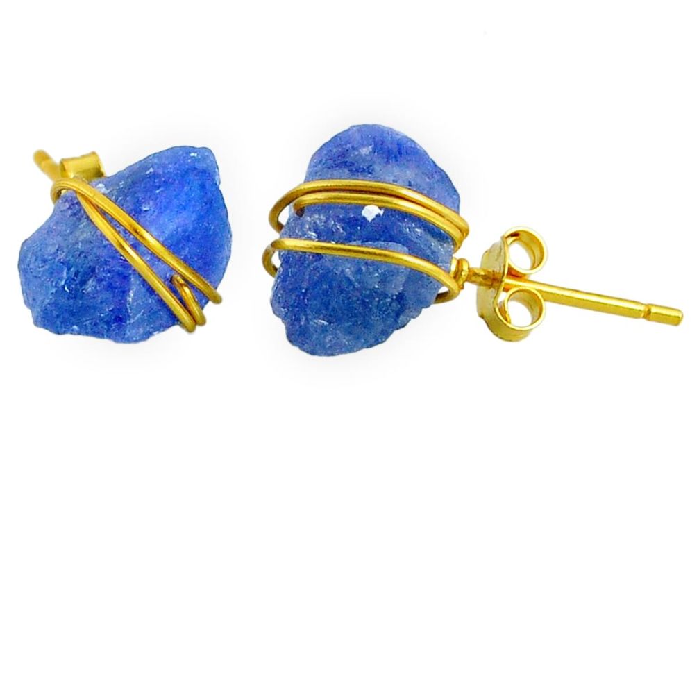 10.50cts natural blue tanzanite raw 14k gold handmade stud earrings r79755