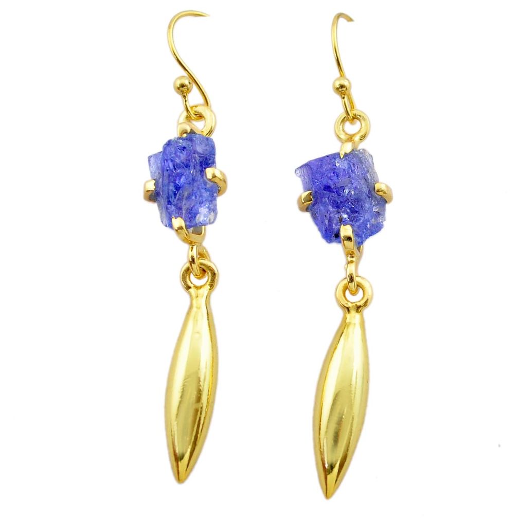 6.73cts natural blue tanzanite raw 14k gold handmade dangle earrings t29801