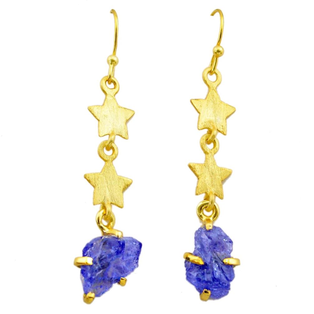 7.66cts natural blue tanzanite rough 925 silver 14k gold star earrings t29797