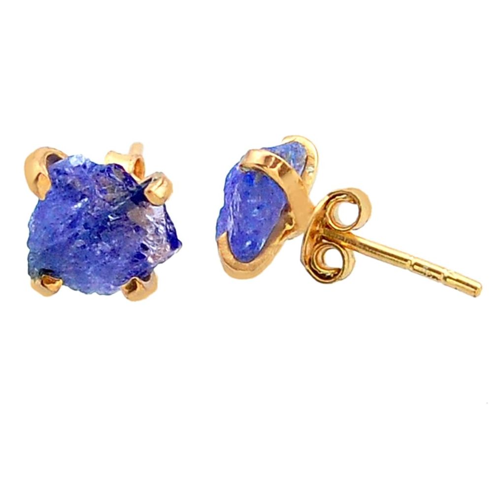 5.12cts natural blue tanzanite raw 14k gold handmade stud earrings t29857