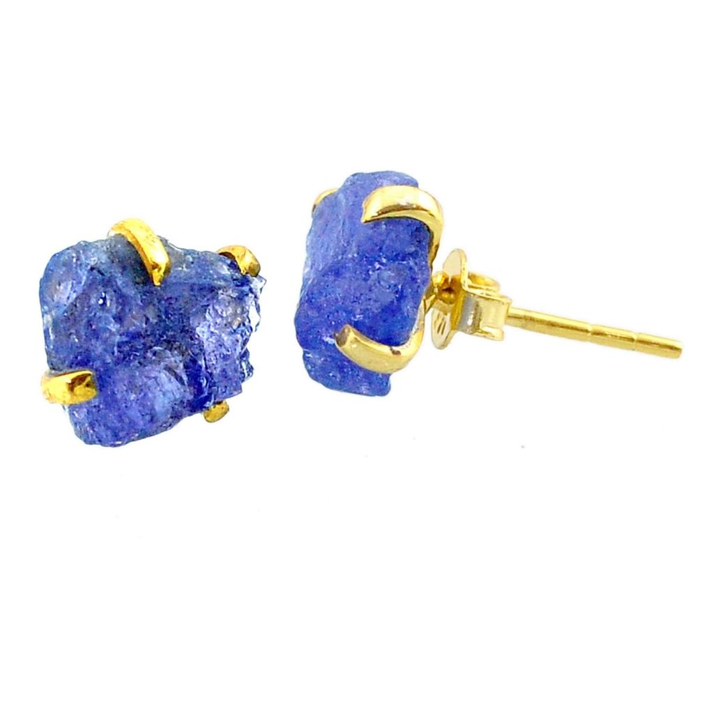 6.58cts natural blue tanzanite raw 14k gold handmade stud earrings t29866