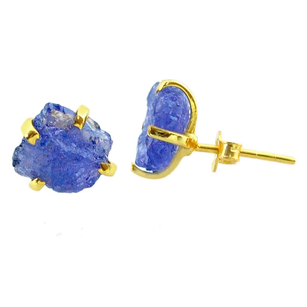 6.61cts natural blue tanzanite rough 14k gold handmade stud earrings t29872