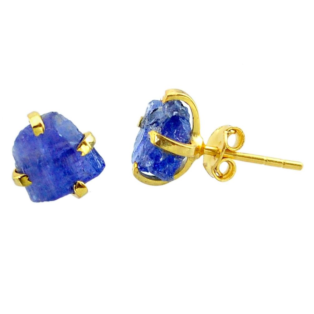 6.06cts natural blue tanzanite raw 14k gold handmade stud earrings t29873