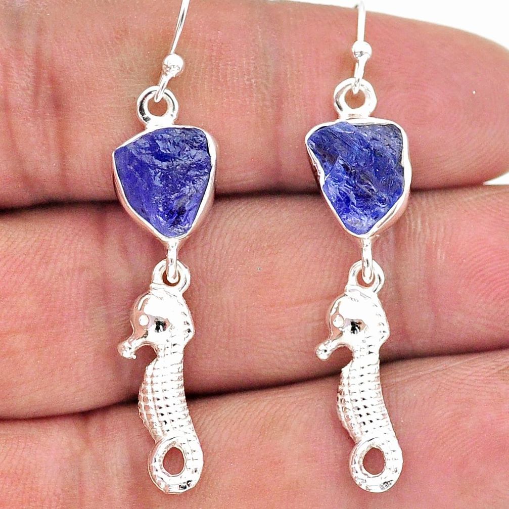 10.27cts natural blue tanzanite raw 925 silver dangle seahorse earrings t17190