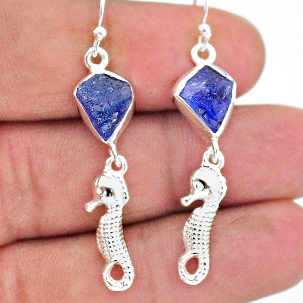 9.37cts natural blue tanzanite raw 925 silver dangle seahorse earrings t17201