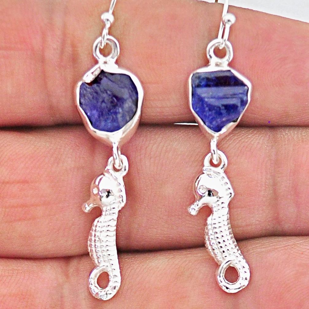 9.37cts natural blue tanzanite raw 925 silver dangle seahorse earrings t17205