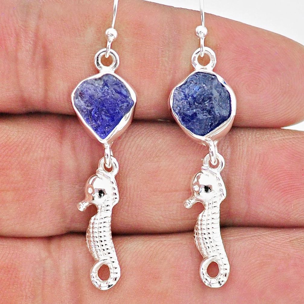 9.83cts natural blue tanzanite raw 925 silver dangle seahorse earrings t17207