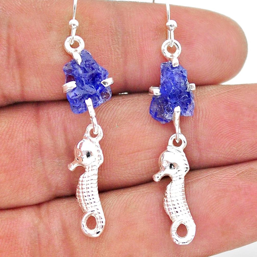8.07cts natural blue tanzanite raw 925 silver dangle seahorse earrings t17248
