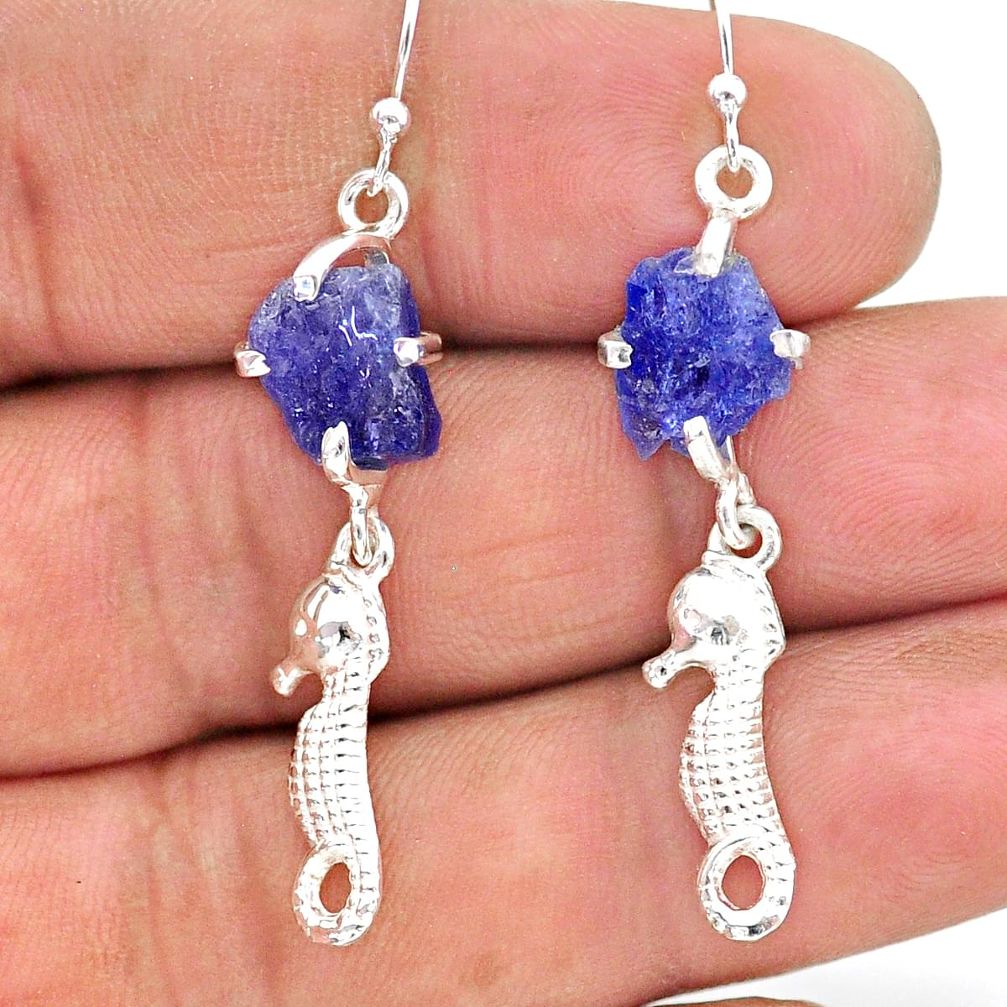 9.37cts natural blue tanzanite raw 925 silver dangle seahorse earrings t17261