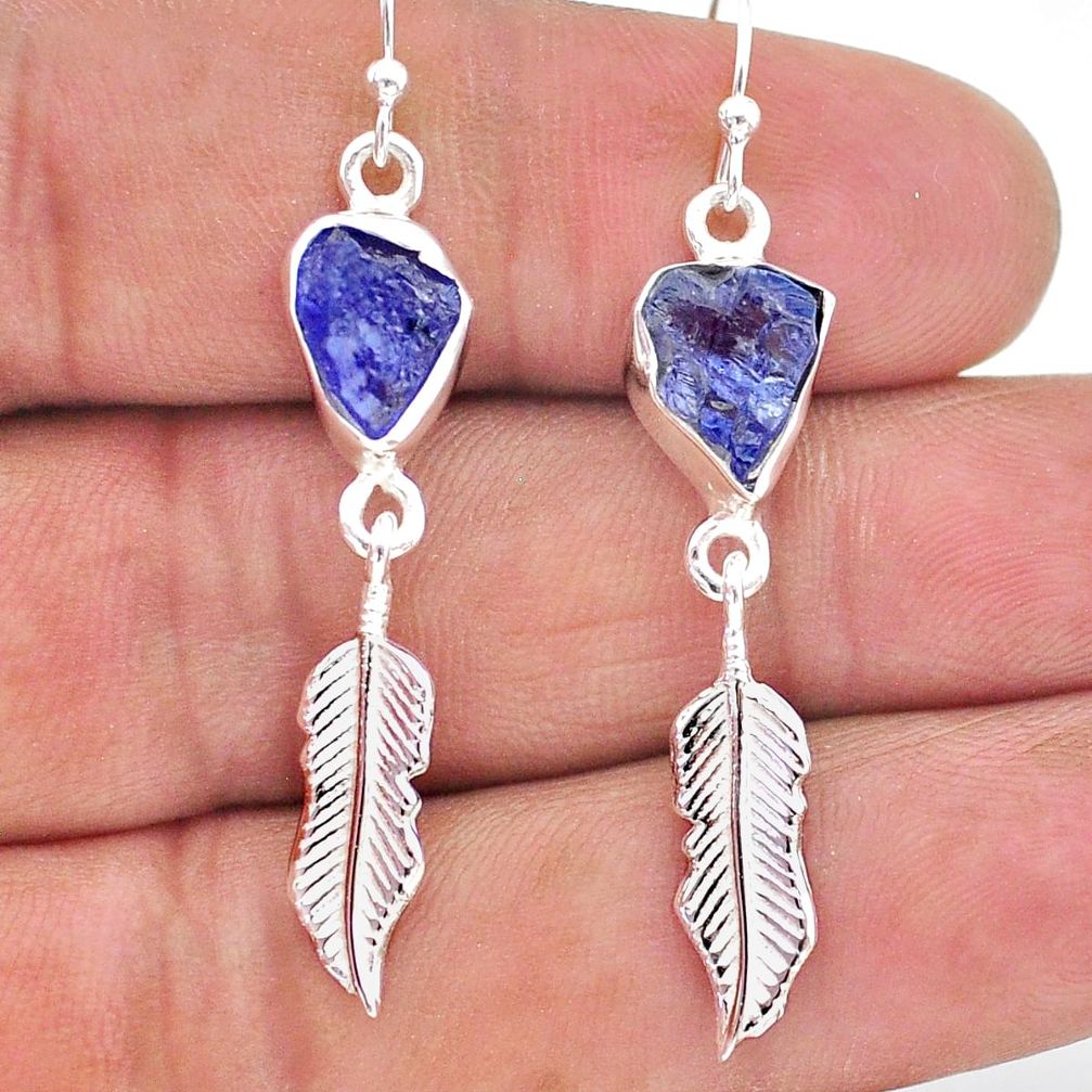 9.37cts natural blue tanzanite raw 925 silver feather charm earrings t17186