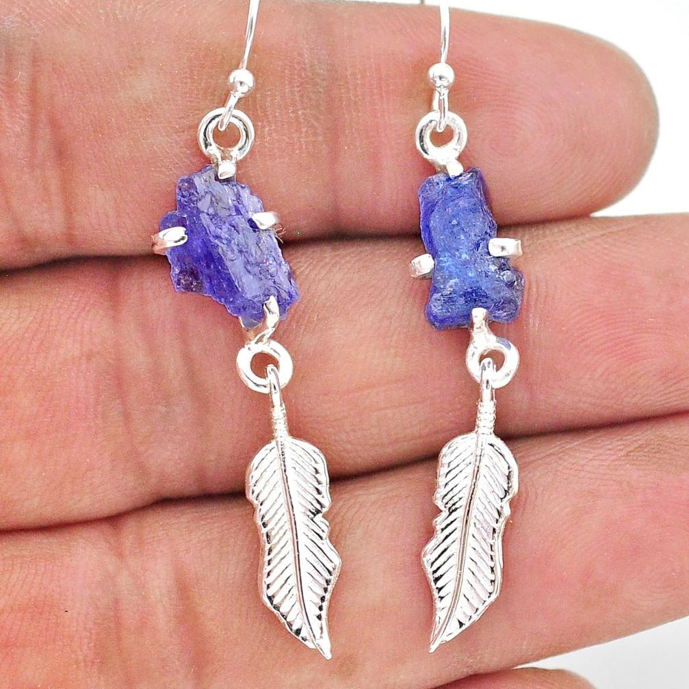 8.95cts natural blue tanzanite raw 925 silver feather charm earrings t17265