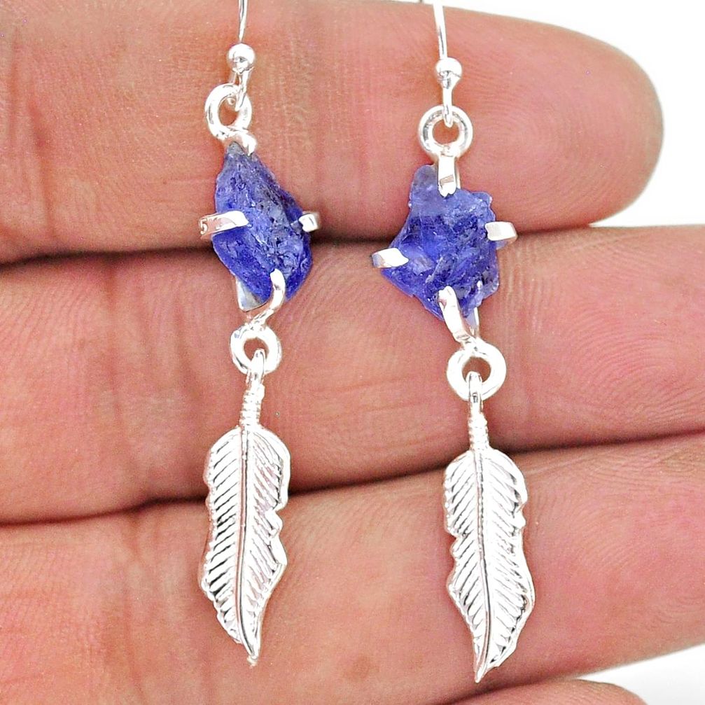 8.56cts natural blue tanzanite raw 925 silver feather charm earrings t17266