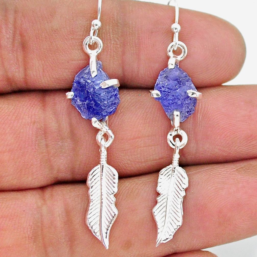 7.99cts natural blue tanzanite raw 925 silver feather charm earrings t17271