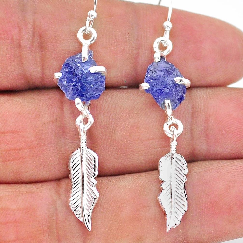 8.38cts natural blue tanzanite raw 925 silver feather charm earrings t17272