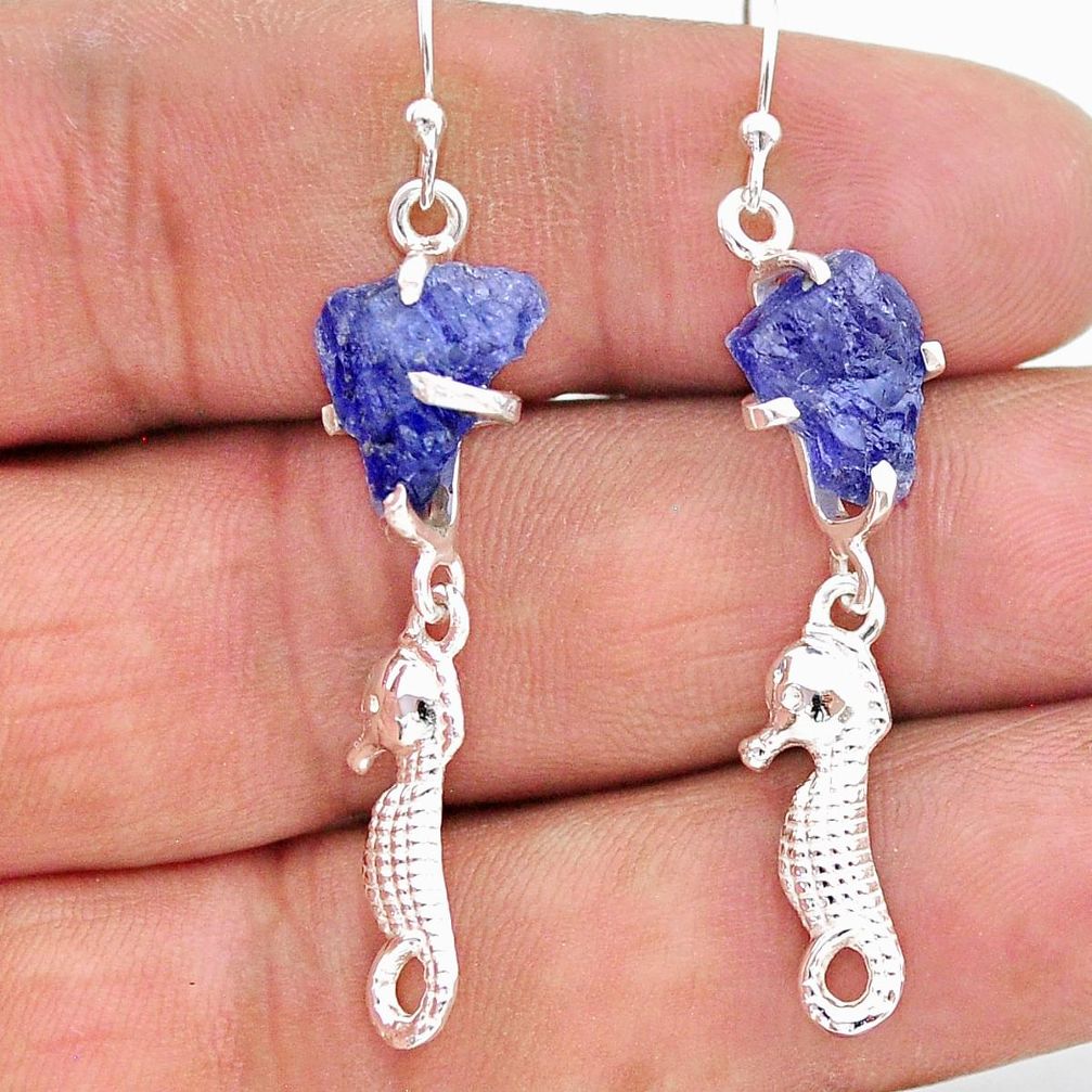 8.87cts natural blue tanzanite raw 925 silver seahorse earrings t17263