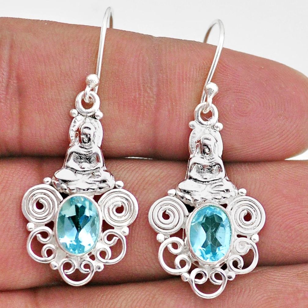 4.38cts natural blue topaz 925 sterling silver buddha charm earrings t47028