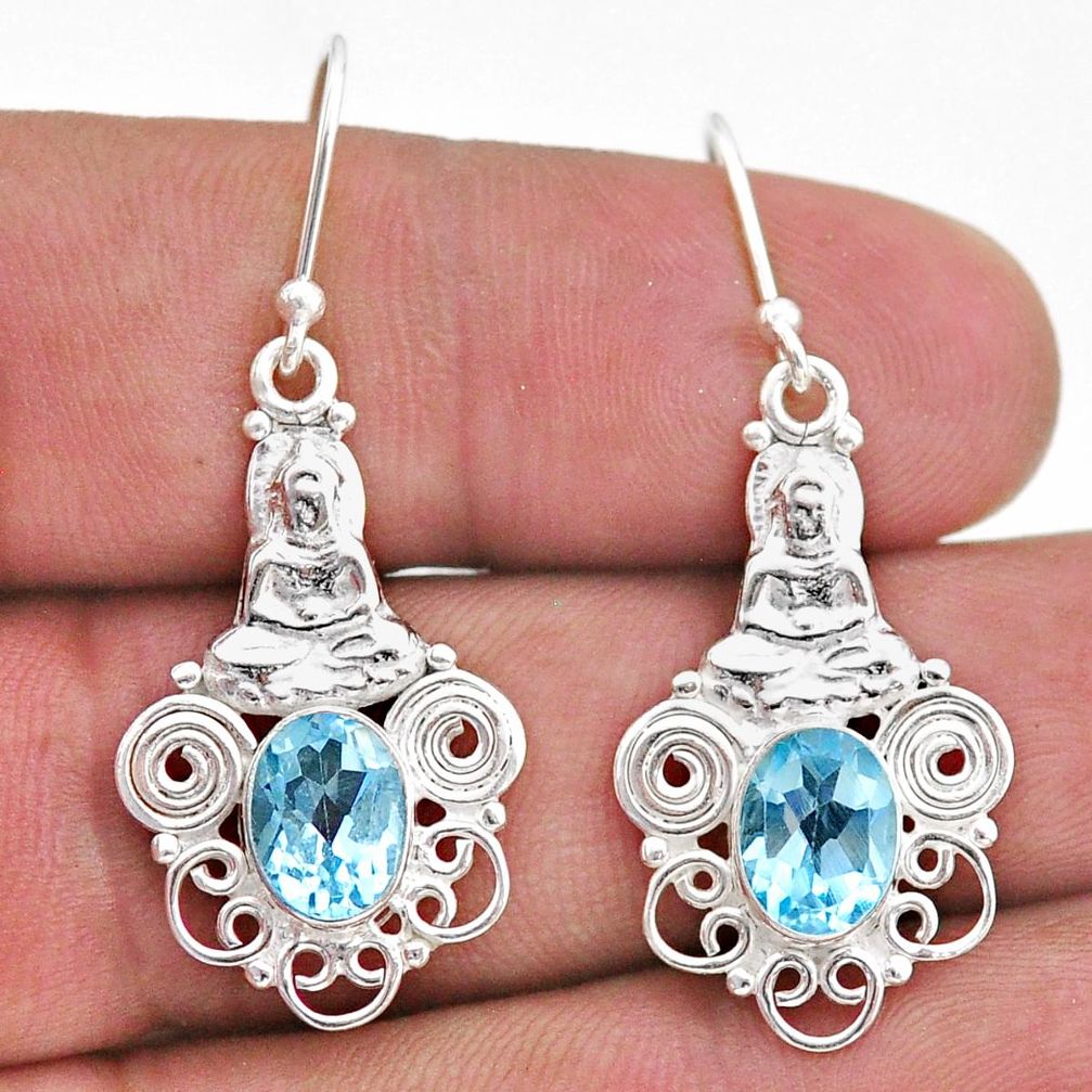 4.02cts natural blue topaz 925 sterling silver buddha charm earrings t47033