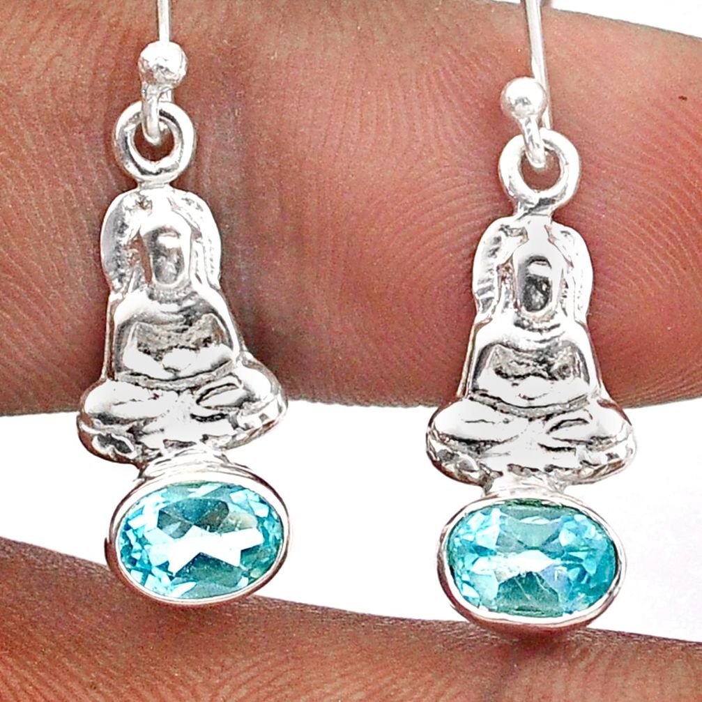 3.23cts natural blue topaz 925 sterling silver buddha charm earrings t85399