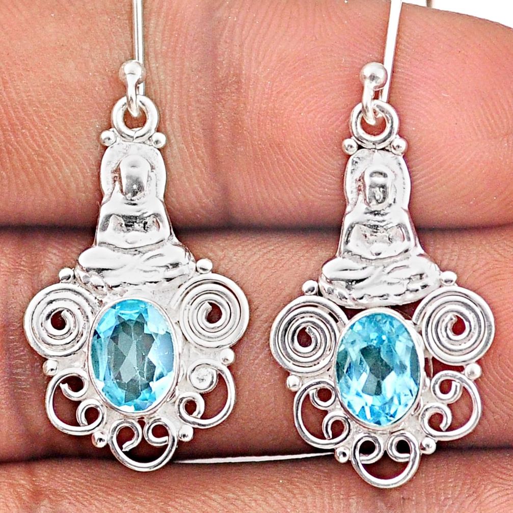 4.55cts natural blue topaz 925 sterling silver buddha charm earrings t87354