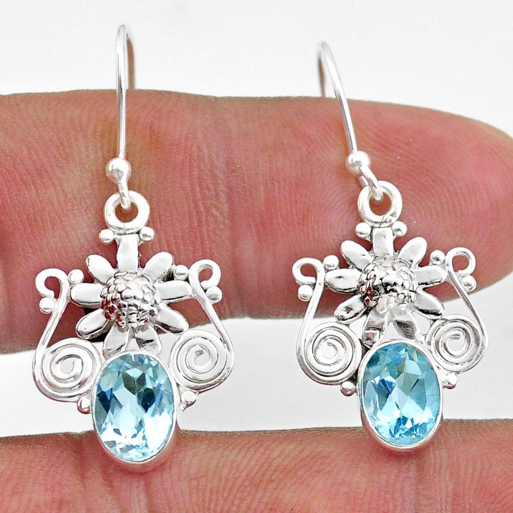 4.21cts natural blue topaz 925 sterling silver flower earrings jewelry t47069