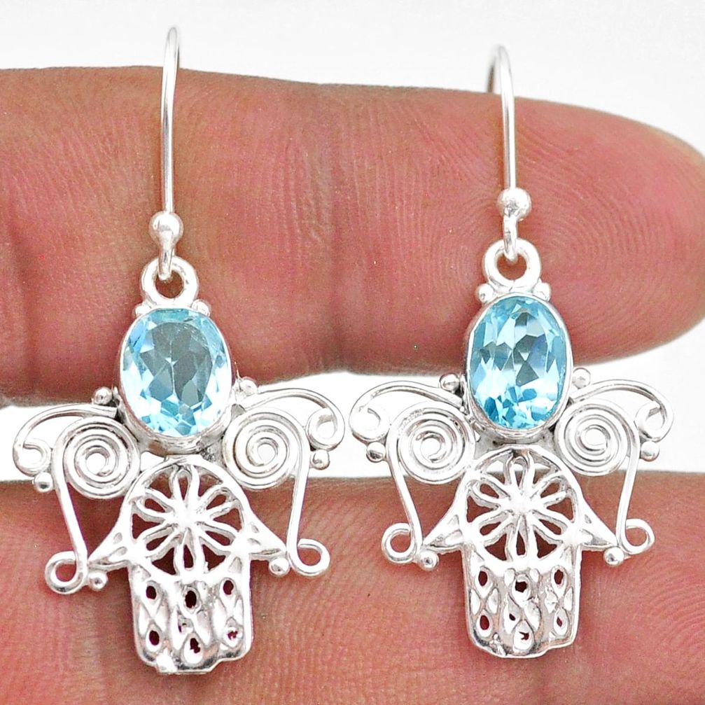 4.26cts natural blue topaz 925 sterling silver hand of god hamsa earrings t47021