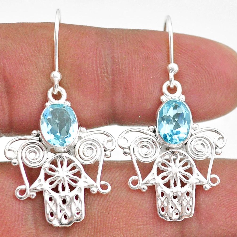 4.37cts natural blue topaz 925 sterling silver hand of god hamsa earrings t47022