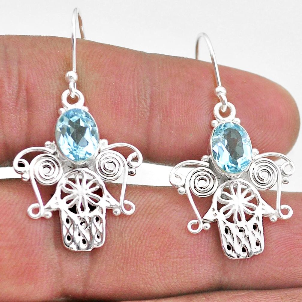4.19cts natural blue topaz 925 sterling silver hand of god hamsa earrings t47066