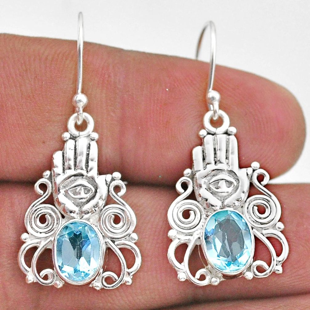 4.38cts natural blue topaz 925 sterling silver hand of god hamsa earrings t47076