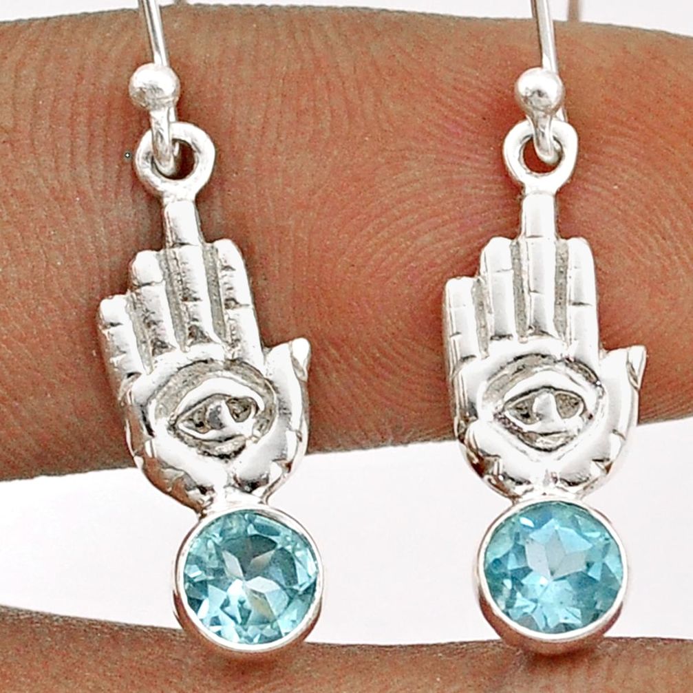 1.66cts natural blue topaz 925 sterling silver hand of god hamsa earrings t85321