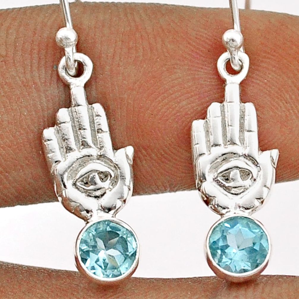 1.68cts natural blue topaz 925 sterling silver hand of god hamsa earrings t85322